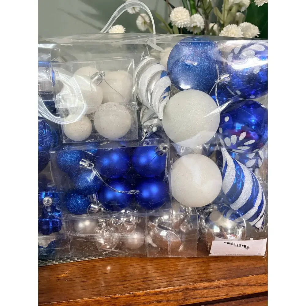 Blue White Silver Shatterproof Christmas Ornaments 130 Pc Set & Star